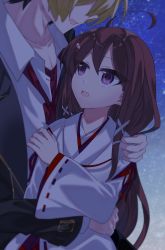 1boy 1girl ahoge alternate_costume alternate_hairstyle bad_id bad_pixiv_id blonde_hair brown_hair buckle commentary_request hair_ornament highres hina_karasu holding japanese_clothes kido_hyde linne_(under_night_in-birth) long_hair multicolored_hair necktie purple_eyes school_uniform tears two-tone_hair under_night_in-birth