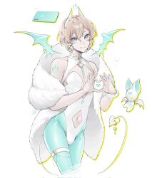 1boy androgynous bare_shoulders blonde_hair blue_eyes bulge cellphone clothing_cutout coat collar demon earrings heart heart_hands highres horns jewelry leotard navel_cutout original pantyhose phone short_hair smartphone smile tail tattoo thigh_strap trap vorqcity white_background wings