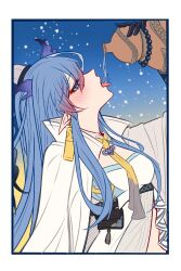 Rule 34 | 1girl, arknights, arm up, blue eyes, blue hair, blush, border, chinese commentary, commentary request, dragon girl, dragon horns, drink, drinking, earrings, gourd, half-closed eye, head back, highres, holding, holding gourd, horns, jacket, jewelry, ling (arknights), long hair, multicolored hair, open mouth, pink hair, pointy ears, profile, sexually suggestive, shishen xiang yu pai, solo, streaked hair, tongue, tongue out, upper body, water, white border, white jacket