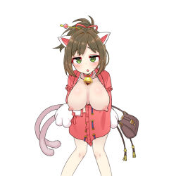 1girl animal_ears animal_hands bag bell blush breast_lift breasts brown_hair carrying cat_ears cat_girl cat_tail chinese_hairpin crossed_arms facing_viewer gloves green_eyes hair_ribbon handbag higurashi_aki idolmaster idolmaster_cinderella_girls japanese_clothes kemonomimi_mode kimono kimono_pull large_breasts looking_at_viewer maekawa_miku multiple_tails neck_bell nipples open_mouth paw_gloves ribbon short_kimono simple_background solo tail two_tails white_background