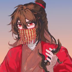 Rule 34 | 1boy, absurdres, bags under eyes, bandaged neck, bandages, benkebuhui, brown hair, chinese clothes, chinese commentary, coat, coin, coin mask, coin on string, covered mouth, creature, dao gui yi xian, eyeball, gradient background, hair between eyes, hair bun, half updo, hand up, hanfu, highres, holding, holding creature, holding tentacle, holed coin, li huowang, li sui (tentacles), long hair, long sleeves, looking at viewer, male focus, mask, mouth veil, open clothes, open coat, red coat, red eyes, red hanfu, robe, simple background, single hair bun, solo, tentacles, upper body, veil