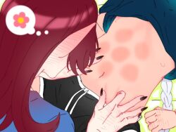 Rule 34 | 2girls, bite mark, blue hair, blush, boxers, braid, chasca (genshin impact), dark-skinned female, dark skin, fishhh, genshin impact, male underwear, mualani (genshin impact), multiple girls, nail polish, pointy ears, red hair, shirt, sportswear, underwear, yuri