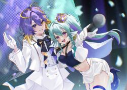 1boy 1girl :d absurdres aqua_hair aster_arcadia blonde_hair blurry blush bow bowtie breasts confetti crown depth_of_field finana_ryugu fins hair_intakes hand_up head_fins heterochromia high_heels high_ponytail highres holding holding_microphone jacket long_hair looking_at_viewer medium_breasts medium_hair microphone midriff multicolored_hair navel nijisanji nijisanji_en open_mouth panty_straps ponytail purple_eyes purple_hair scales sharp_teeth smile stage standing standing_on_one_leg streaked_hair sweat teeth thigh_strap uuoottuu virtual_youtuber white_jacket yellow_eyes