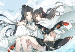1boy 1girl alternate_costume anklet arabian_clothes artist_request bandaged_arm bandages bird black_dress black_eyes black_hair black_skirt blue_sky bracelet cape carrying chain chest_sarashi chinese_clothes chinese_commentary closed_mouth cloud cloudy_sky commission crop_top dao_gui_yi_xian day dress floating_clothes genderswap genderswap_(mtf) gold_chain hair_bun hair_ornament hair_ribbon hair_stick half_updo hanfu harem_outfit highres jewelry li_huowang long_hair looking_at_another midriff navel outdoors paintbrush_hair_ornament princess_carry red_eyes ribbon sarashi second-party_source single_hair_bun skirt sky smile water water_drop white_cape white_hanfu zhuge_yuan