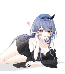 1girl absurdres bare_shoulders black_chemise blue_hair boong0619 breasts cleavage commentary_request commission hair_ribbon hand_up heart highres korean_commentary lace_trim large_breasts long_hair looking_at_viewer lying mole mole_under_eye mole_under_mouth multicolored_hair nightgown off_shoulder on_stomach open_mouth original panties panties_visible_through_clothes pointy_ears red_eyes ribbon see-through_clothes see-through_sleeves simple_background solo spaghetti_strap streaked_hair string_panties thighs underwear very_long_hair white_background