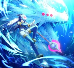 1girl armor blue_armor blue_eyes crop_top halberd helmet highres holding holding_polearm holding_weapon ice_dragon fairy_leviathan_(mega_man) mega_man_(series) mega_man_zero_(series) no-rishio polearm tagme underwater weapon