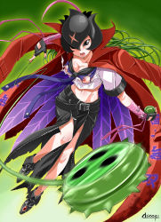 Rule 34 | 1girl, bancholilimon, banchou, belt, black eyes, boots, breasts, buckle, chicago-x, cleavage, collarbone, delinquent, digimon, digimon (creature), female focus, fingerless gloves, gloves, helmet, jacket, jacket on shoulders, large breasts, lips, long hair, midriff, multiple belts, nail polish, navel, necktie, nipples, open mouth, plant, ribbon, scar, school uniform, shiny skin, signature, skirt, solo, thorns, torn clothes, unzipped, vines, weapon, wings, yo-yo, zipper