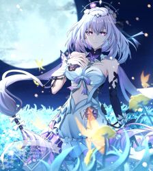 1girl bare_shoulders black_tiara breasts castorice_(honkai:_star_rail) dress earrings elbow_gloves flower flower_ornament full_moon gloves hair_flower hair_ornament highres honkai:_star_rail honkai_(series) jewelry large_breasts long_hair moon night night_sky outdoors pointy_ears purple_eyes purple_gloves purple_hair single_glove sky solo tiara white_dress zack_(z_kuu0720)