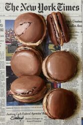 absurdres food food_focus highres julia_stankevych macaron newspaper no_humans oil_painting_(medium) original painting_(medium) photo_(medium) realistic signature still_life traditional_media wall_of_text