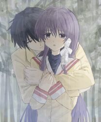 1boy 1girl blazer blue_hair blush clannad frown fujibayashi_kyou highres hikarizaka_private_high_school_uniform hug hug_from_behind jacket long_hair nnnyanrrr okazaki_tomoya purple_eyes purple_hair rain ribbon sad school_uniform tears tree white_ribbon