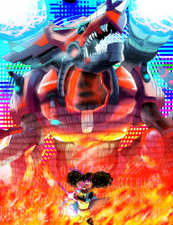 binary black_hair cannon chaosdramon crossover digimon digimon_(creature) digivice fire goggles looking_at_viewer lunella_lafayette marvel moon_girl_and_devil_dinosaur open_mouth resting_knight robot sharp_teeth smile teeth wireframe