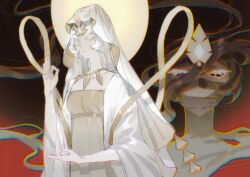 1girl cattatetcho chinese_clothes cookie_run cookie_run:_kingdom diamond_(gemstone) highres long_sleeves moomsaw mystic_flour_cookie pale_skin robe solo veil white_hair white_robe white_veil wide_sleeves