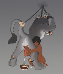 1boy 1girl anus armpit_hair ass bad_tag ball_gag bdsm black_hair body_hair bondage bound bowl chain charr_(guild_wars) claws cuffs cum cum_in_bowl cum_in_container dark_skin ejaculation erection forced forced_orgasm from_behind from_side furry gag gagged gradient_background grey_background grey_fur groping guild_wars_(series) handjob highres interspecies large_penis orgasm penis penis_milking restraints sex shackles shaking simple_background sitting snowskau standing tail testicles trembling