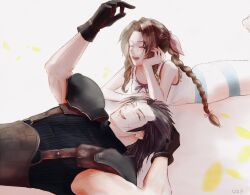 1boy 1girl aerith_gainsborough arm_up armor bare_shoulders black_gloves black_hair braid braided_ponytail brown_hair closed_eyes commentary_request couple crisis_core_final_fantasy_vii cross_scar dress earrings elbow_rest facial_scar falling_petals final_fantasy final_fantasy_vii foot_up gloves hair_ribbon happy hatidoricrisp head_rest highres jewelry long_hair lying on_back on_stomach open_mouth parted_bangs petals pink_ribbon ponytail ribbon scar scar_on_cheek scar_on_face shoulder_armor sleeveless sleeveless_dress sleeveless_turtleneck smile spiked_hair stud_earrings suspenders sweater turtleneck turtleneck_sweater upper_body yellow_petals zack_fair