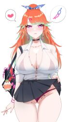 1girl anal_beads bag bag_charm bikini bikini_under_clothes bimbofication black_choker body_writing bracelet breasts charm_(object) choker cleavage clothes_lift condom condom_packet_strip condom_wrapper dadangge earrings egg_vibrator gluteal_fold green_hair heart heart-shaped_pupils high_ponytail highres hololive hololive_english hoop_earrings huge_breasts jewelry kfp_employee_(takanashi_kiara) leopard_print_bikini micro_bikini miniskirt multicolored_hair orange_hair ponytail purple_eyes school_bag sex_toy shirt shirt_tucked_in skirt skirt_lift solo spoken_heart streaked_hair swimsuit symbol-shaped_pupils takanashi_kiara tally thong vibrator virtual_youtuber white_shirt