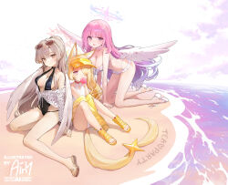 Rule 34 | 3girls, ainy, angel wings, beach, bikini, blue archive, breasts, cleavage, commentary, flat chest, halo, highres, large breasts, long hair, mika (blue archive), mika (swimsuit) (blue archive), multiple girls, nagisa (blue archive), nagisa (swimsuit) (blue archive), official alternate costume, one-piece swimsuit, pink hair, seia (blue archive), seia (swimsuit) (blue archive), swimsuit, visor cap, white wings, wings