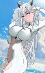 1girl absurdres admiral_nakhimov_(azur_lane) admiral_nakhimov_(azur_lane)_(cosplay) ahoge azur_lane blue_eyes blue_sky bodysuit breasts cloud commission cosplay covered_navel ember_amane hands_up highres large_breasts light_blush long_hair looking_at_viewer mole mole_under_eye outdoors parted_lips phase_connect second-party_source sky solo vayneeeee virtual_youtuber water white_bodysuit white_hair