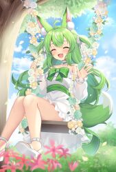 1girl :d ^_^ animal_ears blue_sky bow choker closed_eyes cloud commentary_request day dress facial_hair fang flower flower_swing frilled_choker frills grass green_bow green_flower green_hair highres indie_virtual_youtuber long_sleeves mira_lupus off-shoulder_dress off_shoulder open_mouth outdoors pink_flower ruhika second-party_source sky smile solo swing tail tree virtual_youtuber waving white_dress white_flower wolf_ears wolf_girl wolf_tail yellow_flower