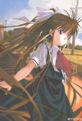 Rule 34 | 1girl, absurdres, air (visual novel), black dress, blonde hair, blue eyes, blurry, blurry background, blurry foreground, bow, chinese commentary, closed mouth, collared shirt, commentary request, day, depth of field, dress, floating hair, hair bow, highres, huimuuu, kamio misuzu, light smile, long hair, ponytail, power lines, puffy short sleeves, puffy sleeves, shirt, short sleeves, sleeveless, sleeveless dress, solo, very long hair, watermark, weibo watermark, white bow, white shirt