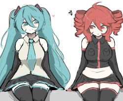 2girls :3 ahoge annoyed aqua_eyes aqua_hair bare_shoulders black_skirt black_thighhighs blush_stickers breast_pocket breasts collared_shirt cowboy_shot detached_sleeves drill_hair fatass_teto_(meme) flat_color hair_between_eyes hatsune_miku highres kasane_teto long_hair long_sleeves looking_at_another m3link meme multiple_girls plump pocket pout red_eyes red_hair shirt sitting skirt sleeveless smug squiggle stomach thighhighs twin_drills twintails utau very_long_hair vocaloid weight_conscious white_background