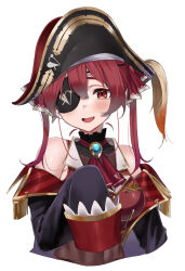 1girl armpit_crease ascot bare_shoulders bicorne black_choker black_coat black_hat blush brooch brown_leotard choker coat collared_shirt commentary covered_navel cropped_torso double-parted_bangs eyepatch fang frilled_choker frills hair_ribbon hat highres hololive houshou_marine houshou_marine_(1st_costume) jewelry leotard looking_at_viewer off_shoulder open_mouth pirate_hat print_eyepatch red_ascot red_hair red_ribbon red_shirt ribbon shin_ilst shirt simple_background skin_fang sleeveless sleeveless_shirt sleeves_past_fingers sleeves_past_wrists smile solo twintails virtual_youtuber white_background