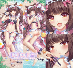 Rule 34 | 1girl, :3, :d, adapted costume, animal ear fluff, animal ears, apron, arm at side, arm strap, ass, back, bare shoulders, barefoot, bell, bikini, bikini skirt, bikini top only, black bikini, black sandals, blunt bangs, blush, bow, bow bikini, bowtie, breasts, brown hair, cameltoe, cat ears, cat girl, cat tail, chocola (nekopara), cleavage, cleft of venus, closed mouth, commentary request, dakimakura (medium), day, detached collar, feet, frilled apron, frilled thigh strap, frilled wrist cuffs, frills, full body, hair bow, hair spread out, hand on own thigh, hand up, highres, holding strap, jingle bell, legs, lens flare, long hair, looking at viewer, lying, maid, maid apron, maid bikini, maid headdress, medium breasts, multiple views, nail polish, navel, neck bell, nekopara, nephidog, on back, on side, open mouth, orange eyes, outdoors, paw pose, pink bow, pink bowtie, pink nails, pussy, rubber duck, sample watermark, sandals, shell, sidelocks, slit pupils, smile, soles, starfish, stomach, swim ring, swimsuit, tail, thigh strap, thighs, toenail polish, toenails, toes, twintails, uncensored, unconventional maid, unworn sandals, very long hair, water, watermark, wrist cuffs