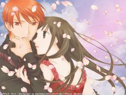 1boy 1girl black_shirt brown_eyes brown_hair couple dress_shirt fruits_basket honda_tooru loose_necktie matching_hair/eyes nail_polish necktie orange_eyes orange_hair red_nails red_shirt sleeveless sohma_kyou