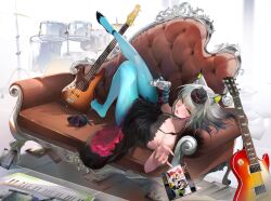 :d absurdres akiyama_mio akiyama_mio_(cosplay) animal_ears arknights bare_shoulders black_dress blue_pantyhose blush breasts cat_ears cat_girl commentary_request cosplay couch don&#039;t_say_&quot;lazy&quot; dress drum drum_set electric_guitar frilled_dress frills from_above from_side full_body green_eyes green_hair guitar hand_up hat high_heels highres holding holding_microphone instrument k-on! kal&#039;tsit_(arknights) knee_up leg_up looking_at_viewer looking_back looking_up lying medium_breasts microphone mini_hat on_back on_couch open_mouth pantyhose smile tabayashi thighs
