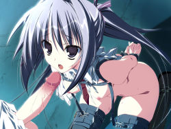 1boy 1girl arms_behind_back bdsm between_breasts bondage boots bottomless bound bound_wrists breasts cuffs erection female_focus floor game_cg hair_ornament hair_ribbon hetero imminent_fellatio kagome karory keroq kneeling light_purple_hair long_hair motoyon necktie necktie_between_breasts nipples no_bra no_panties no_underwear on_floor open_mouth penis ponytail precum purple_eyes ribbon sailor_collar school_uniform serafuku sitting skindentation slave small_breasts small_nipples strap subarashiki_hibi suzuri teeth thighhighs torn_clothes uncensored wakatsuki_kagami wrist_cuffs
