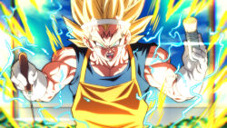 Rule 34 | 1boy, apron, aura, black eyeliner, blonde hair, commentary request, dragon ball, dragon ball super, dragonball z, electricity, eyeliner, facial mark, forehead mark, green eyes, hachimaki, headband, holding, holding brush, majin vegeta, makeup, male focus, muscular, muscular male, open mouth, orange apron, pectoral cleavage, pectorals, rom (20), scene reference, smile, solo, super saiyan, super saiyan 2, upper body, vegeta, veins, white headband, widow&#039;s peak