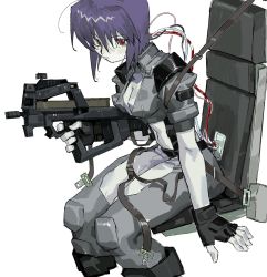 1girl breasts bullpup cleavage crop_top cyborg fingerless_gloves ghost_in_the_shell gloves gun highres holding holding_gun holding_weapon jacket kusanagi_motoko looking_at_viewer medium_breasts northdiiiio open_clothes open_jacket p90 personal_defense_weapon purple_hair red_eyes seat seatbelt short_hair sitting sketch solo submachine_gun trigger_discipline weapon white_background wire