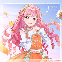 1girl :d aikatsu!_(series) aikatsu_academy! blue_sky blush braid clothing_cutout copyright_name dot_nose dress drill_hair floating_hair flower gradient_sky hands_on_own_chest hands_up heart heart_in_eye himeno_mieru long_sleeves looking_at_viewer open_mouth orange_dress pink_eyes pink_hair shoulder_cutout sky smile solo symbol_in_eye teeth upper_body upper_teeth_only virtual_youtuber white_flower yumesaki_nana