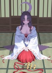 Rule 34 | 1girl, absurdres, bell, blue archive, blunt ends, blush, breasts, closed eyes, closed mouth, commentary request, curtained hair, eyeshadow, hakama, hakama skirt, halo, highres, japanese clothes, jingle bell, kagura suzu, kimono, korean commentary, large breasts, long hair, makeup, miko, okokorika, own hands together, pleated skirt, purple hair, red eyeshadow, red hakama, seiza, sitting, skirt, solo, tatami, thigh strap, very long hair, white kimono, yukari (blue archive)