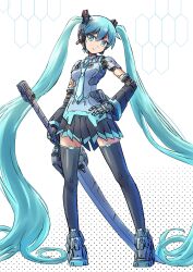 1girl aqua_eyes aqua_hair aqua_necktie black_skirt breasts full_body hand_on_own_hip hatsune_miku headset highres holding holding_sword holding_weapon huge_weapon joints long_hair looking_at_viewer mechanical_arms mechanical_legs miniskirt necktie pleated_skirt robot_girl robot_joints skirt small_breasts solo standing sword tsune_(dreamers_express) very_long_hair vocaloid weapon
