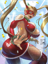 Rule 34 | 1girl, ass, ass focus, blonde hair, blue eyes, breasts, christmas, cleavage, domino mask, heart, heart print, large breasts, long hair, mask, rainbow mika, solo, tagme, tomo eokaiteru, twintails