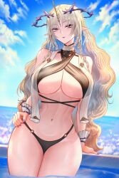 1girl bikini blonde_hair blue_eyes breasts cleavage curvy female_focus fleurdelys_(wuthering_waves) hand_on_own_hip heart highres horns large_breasts long_hair looking_at_viewer mcdobo nail_polish navel pointy_ears single_horn solo swimsuit underboob wide_hips wuthering_waves
