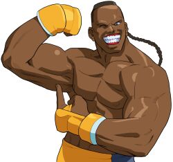 1boy bengus braid brown_hair crew_cut dark_skin dee_jay fingerless_gloves flexing game_cg gloves grin highres looking_at_viewer male_focus mma_gloves muscular muscular_male no_eyebrows non-web_source official_art one_eye_closed open_mouth pointing pointing_at_self portrait short_hair simple_background smile solo street_fighter street_fighter_zero_(series) teeth thumbs_up topless_male upper_body white_background