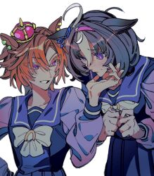 2girls @_@ ahoge animal_ears bow brown_hair crown ear_ornament ear_ribbon ears_down grin hairband hand_on_another&#039;s_chin highres horse_ears horse_girl leaning_forward long_sleeves looking_at_another meisho_doto_(umamusume) mini_crown multiple_girls naotin3333 nervous_sweating orange_hair own_hands_together purple_eyes purple_shirt sailor_collar sailor_shirt school_uniform shirt short_hair simple_background smile sweat t.m._opera_o_(umamusume) tracen_school_uniform umamusume upper_body white_background white_hair