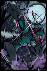 Rule 34 | absurdres, artist name, black border, border, brown hair, bug, clenched hand, compound eyes, digimon, digimon (creature), grey background, highres, insect wings, lucidghost, red eyes, solo, spikes, stingmon, wings
