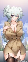1girl absurdres alternate_breast_size arm_behind_back blue_eyes breasts brown_coat cleavage coat day florence_(girls&#039;_frontline_2) garter_straps girls&#039;_frontline girls&#039;_frontline_2:_exilium grin hair_between_eyes hand_on_own_chest hand_up heart heart-shaped_pupils highres hip_focus large_breasts long_hair looking_at_viewer outdoors pa-15_(girls&#039;_frontline) smile solo standing symbol-shaped_pupils thatob thigh_gap thighhighs thighs very_long_hair white_hair
