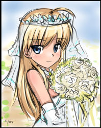 Rule 34 | 1girl, blonde hair, blue eyes, cyber (cyber knight), dress, elbow gloves, female focus, gloves, hanna-justina marseille, itou shizuka, long hair, sketch, solo, strike witches, veil, voice actor connection, wedding dress, witches of africa, world witches series