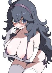 1girl @_@ ahoge arm_under_breasts bikini blue_bikini blush blush_stickers breasts cleavage ecgg_(tsuji418477) elbow_gloves eyebrows_hidden_by_hair gloves hair_between_eyes headband hex_maniac_(pokemon) highres large_breasts long_hair looking_at_viewer micro_bikini nintendo open_mouth pokemon pokemon_xy purple_eyes purple_hair purple_headband shadow simple_background smile solo sweatdrop swimsuit thighhighs very_long_hair white_background white_gloves white_thighhighs