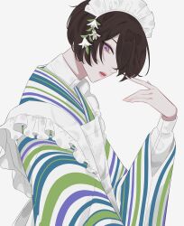 1boy apron black_hair blue_kimono boys_be_maid! crossdressing dress_shirt fingernails flower frilled_apron frills from_side green_kimono hair_flower hair_ornament hair_over_one_eye hand_up highres himeutsugi_rei japanese_clothes kimono lips long_sleeves looking_at_viewer maid maid_apron maid_headdress male_focus male_maid multicolored_kimono one_eye_covered open_mouth pointing pointing_at_self profile purple_eyes purple_kimono renli_lo shirt short_hair sideways_glance simple_background solo striped_clothes striped_kimono upper_body vertical-striped_clothes vertical-striped_kimono wa_maid white_apron white_background white_flower white_kimono white_shirt wide_sleeves
