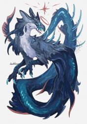 animal_focus artist_name beak blue_eyes blue_tongue claws colored_tongue fins full_body halo highres komododoragonn looking_at_viewer monster no_humans open_mouth original simple_background solo tail white_background