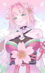 1girl bare_shoulders blush breasts cherry_blossoms closed_mouth commentary_request criss-cross_halter detached_sleeves flower green_eyes hair_flower hair_ornament halterneck highres japanese_clothes large_breasts looking_at_viewer mole mole_under_eye petals pink_flower pink_hair rune_factory rune_factory:_guardians_of_azuma solo ulalaka upper_body valentine_(02140314c) wide_sleeves