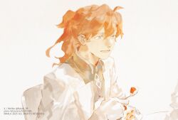 1boy cake cake_slice chaldea_logo copyright_name copyright_notice fate/grand_order fate_(series) food fruit gloves green_eyes holding holding_spoon id_card kalak_39 long_sleeves looking_at_another orange_hair pixiv_username ponytail romani_archaman shirt signature smile spoon strawberry strawberry_cake teeth twitter_username white_background white_gloves