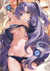 1girl :o baisi_shaonian black_buruma black_shirt blue_archive blush breasts buruma clothes_lift cowboy_shot drone gym_shirt gym_uniform halo highres indoors lifting_own_clothes long_hair looking_at_viewer lowleg mechanical_halo medium_breasts navel official_alternate_costume ponytail purple_eyes purple_hair shirt shirt_lift solo star_sticker sticker_on_face stomach underboob undressing very_long_hair window yuuka_(blue_archive) yuuka_(track)_(blue_archive)