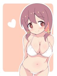1girl arms_behind_back bare_arms bare_shoulders bikini blush border breasts brown_eyes brown_hair cleavage collarbone commentary cowboy_shot groin hair_between_eyes heart highres large_breasts long_hair looking_at_viewer low_twintails multicolored_hair murosaki_miyo navel onii-chan_wa_oshimai! orange_background outline outside_border red_hair simple_background smile solo stomach string_bikini swimsuit twintails two-tone_hair unkimo white_bikini white_border white_outline