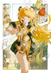 Rule 34 | 1girl, absurdres, animal ear fluff, animal ears, blonde hair, fingerless gloves, gloves, green eyes, highres, ju fufu, long hair, looking at viewer, multicolored hair, sceed, shirt, shorts, solo, tail, tiger ears, tiger girl, tiger tail, zenless zone zero