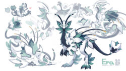 absurdres antennae black_scales black_sclera character_name chibi chibi_inset claws colored_sclera colored_skin facial_mark fins full_body green_skin highres monster monster_focus multiple_views no_humans original petals shiiorina simple_background tendril white_background white_eyes white_petals white_skin
